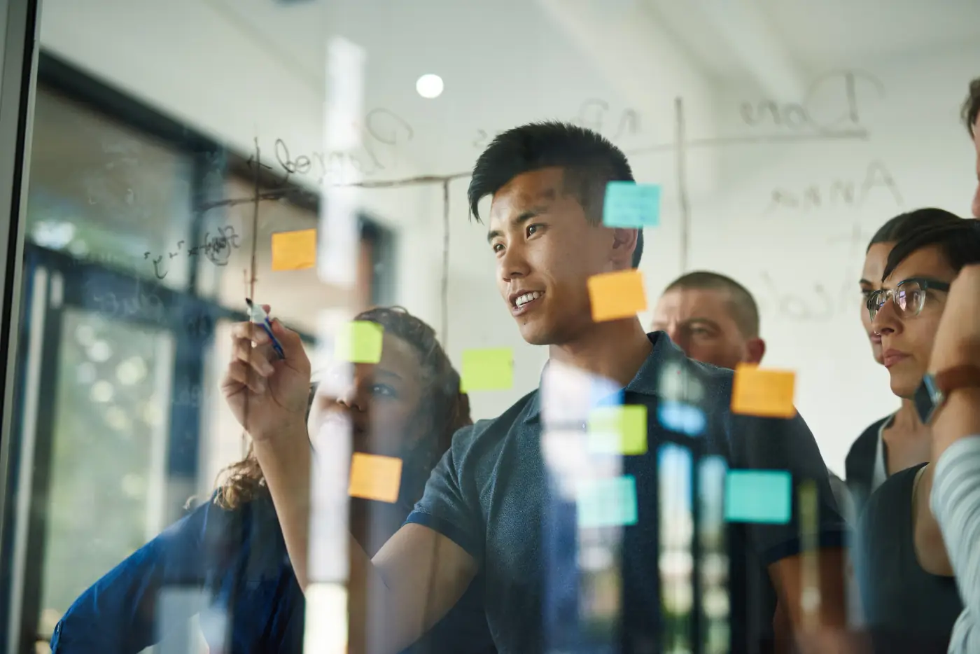 Confident smart creative team brainstorming strategy ideas